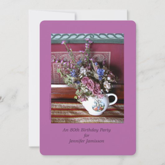 80th誕生日パーティフラワーズティーポット紫ヴィンテージ 招待状 (正面)