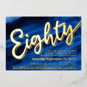80th誕生日パーティーのブルーアート金ゴールドスクリプト 箔招待状 (正面)