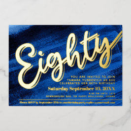 80th誕生日パーティーのブルーアート金ゴールドスクリプト 箔招待状