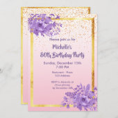 80th誕生日パーティーバラ金ゴールドバイオレットガーデンフラワー 招待状 (正面/裏面)