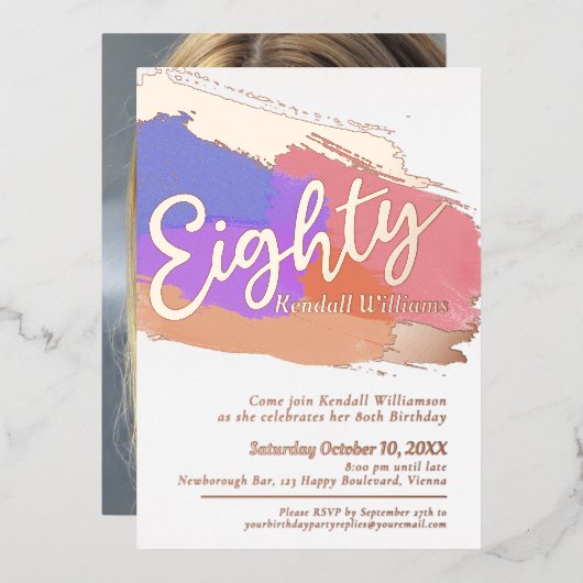 80th誕生日パーティーバラ金ゴールド写真抽象芸術アート 箔招待状 (正面/裏面)