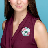 80th誕生日パーティーピンクの花ティール（緑がかった色）ストライプ 缶バッジ