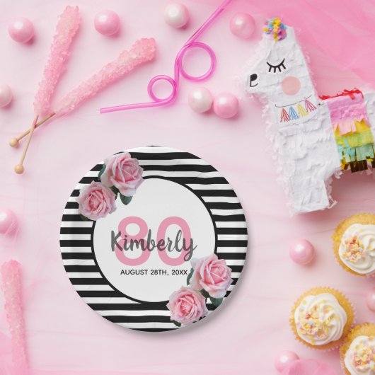 80th誕生日パーティーピンクフローラブラックストライプ ペーパープレート (パーティー)
