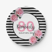 80th誕生日パーティーピンクフローラブラックストライプ ペーパープレート (正面)