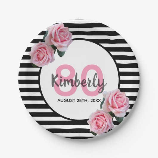 80th誕生日パーティーピンクフローラブラックストライプ ペーパープレート (正面)