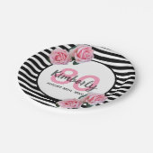 80th誕生日パーティーピンクフローラブラックストライプ ペーパープレート (アングル)