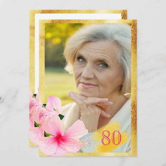 80th誕生日パーティーピンクフローラ白写真 招待状 (正面/裏面)