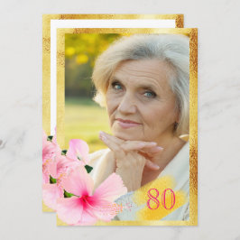80th誕生日パーティーピンクフローラ白写真 招待状