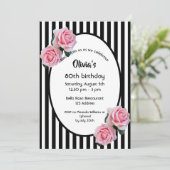 80th誕生日パーティーピンクローズ白黒ストライプ 招待状 (スタンド正面)