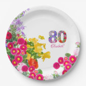 80th誕生日パーティーフローラモダン花80年 ペーパープレート (正面)