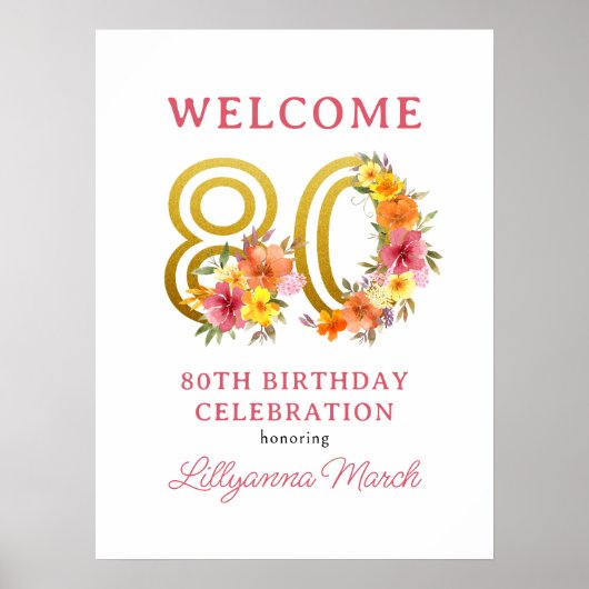 80th誕生日パーティーフローラ金ゴールド番号80ようこそ ポスター (正面)