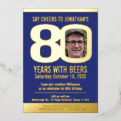 80th誕生日パーティーブルー金ゴールドフォイルフォトビール 箔招待状 (正面)