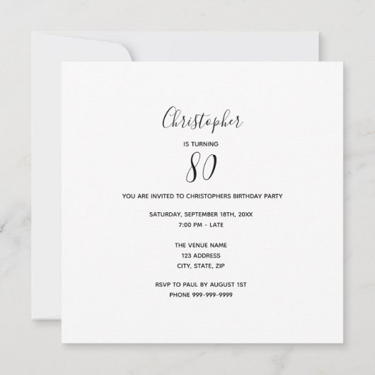 80th誕生日パーティー写真こんにちは80男の白 招待状 (裏面)