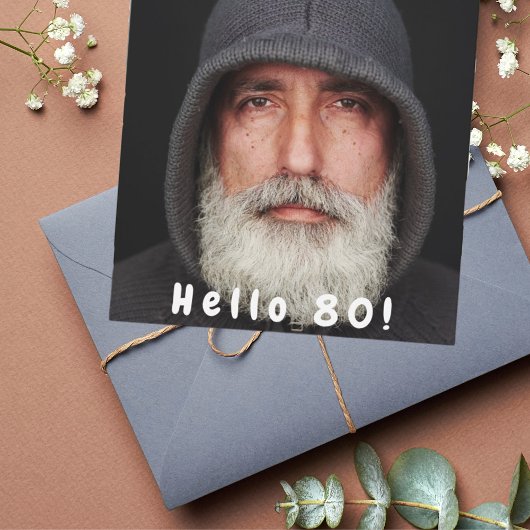 80th誕生日パーティー写真こんにちは80男の白 招待状