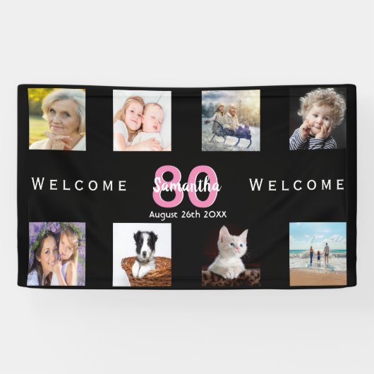 80th誕生日パーティー写真コラージュ女性ブラック 横断幕 (横)