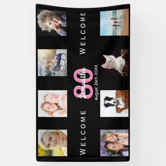 80th誕生日パーティー写真コラージュ女性ブラック 横断幕 (縦)