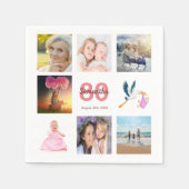 80th誕生日パーティー写真コラージュ白ピンクの名前 スタンダードカクテルナプキン (正面)