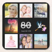 80th誕生日パーティー写真コラージュ黒 スクエアペーパーコースター (正面)