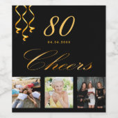 80th誕生日パーティー写真ブラック金ゴールド応援スクリプト ワインラベル (シングルラベル)