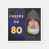 80th誕生日パーティー写真金ゴールドバルーン青 スタンダードカクテルナプキン (正面)