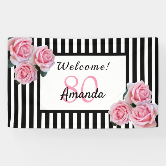 80th誕生日パーティー白黒ストライプ花模様 横断幕 (横)