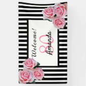 80th誕生日パーティー白黒ストライプ花模様 横断幕 (縦)