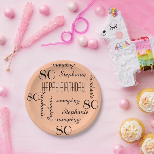 80th誕生日パーティー繰り返し名前ピーチファズ ペーパープレート (パーティー)