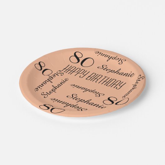 80th誕生日パーティー繰り返し名前ピーチファズ ペーパープレート (アングル)