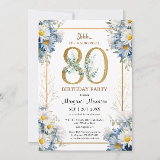 80th誕生日パーティー金ゴールドエレガントデイジーフローラ 招待状 (正面)