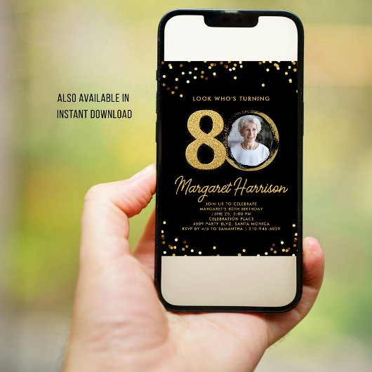 80th誕生日パーティー金ゴールドグリッター紙吹雪写真 招待状