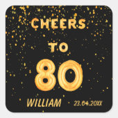 80th誕生日パーティー金ゴールドバルーン黒応援80 スクエアシール (正面)
