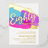 80th誕生日パーティー金ゴールド写真明るい抽象芸術アート 箔招待状 (正面)
