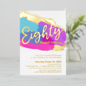 80th誕生日パーティー金ゴールド写真明るい抽象芸術アート 箔招待状 (立ち正面)