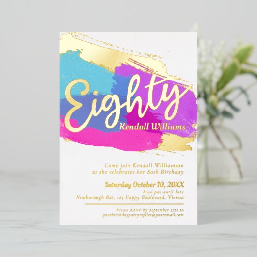80th誕生日パーティー金ゴールド写真明るい抽象芸術アート 箔招待状 (立ち正面)