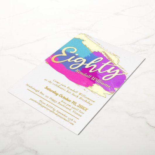 80th誕生日パーティー金ゴールド写真明るい抽象芸術アート 箔招待状 (回転した状態)