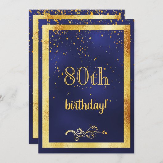 80th誕生日パーティー金ゴールド枠ブルー 招待状 (正面/裏面)