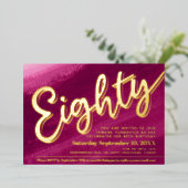 80th誕生日パーティー金ゴールド赤ピンクの洗剤 箔招待状 (立ち正面)
