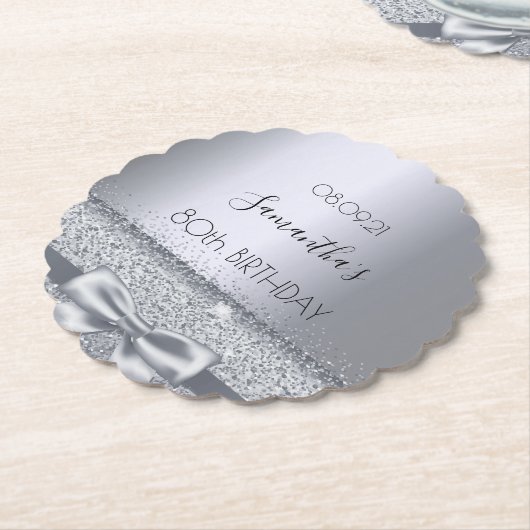 80th誕生日パーティー銀の輝く弓 ペーパーコースター (アングル)