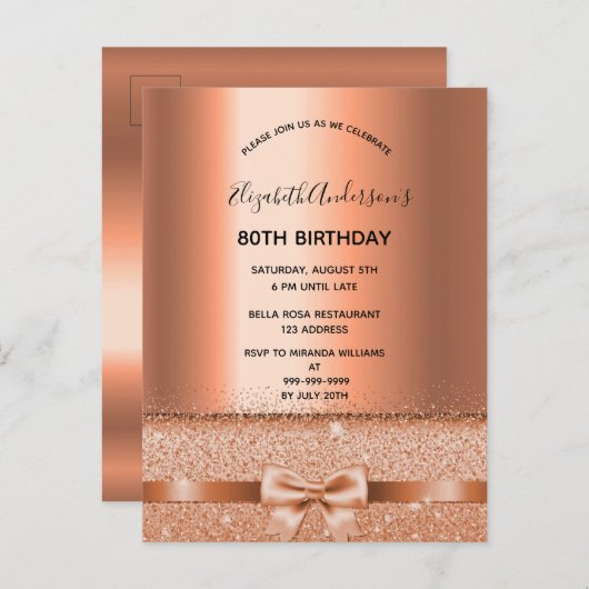 80th誕生日パーティー銅の輝く招待 ポストカード (正面/裏面)