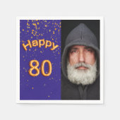 80th誕生日パーティー青い金ゴールド写真 スタンダードカクテルナプキン (正面)