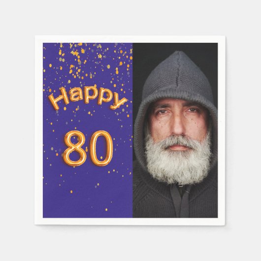 80th誕生日パーティー青い金ゴールド写真 スタンダードカクテルナプキン (正面)