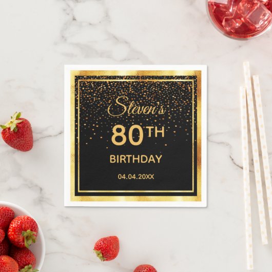 80th誕生日パーティー黒金ゴールド紙吹雪 スタンダードカクテルナプキン (インサイチュ)