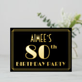 80th誕生日パーティー:アールデコの外観"80"、名前あり 箔招待状 (立ち正面)