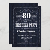 80th誕生日パーティー – ネイビーウッドパターン 招待状 (正面/裏面)