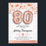 80th誕生日パーティー – バラ金ゴールドバルーン 招待状<br><div class="desc">80th誕生日パーティーの招待。エレガントデザインのグリッターフェイクバラ金ゴールドとフローラアクセント。招待状カードバラ金ゴールド番号80バルーン、紙吹雪付きスクリプトフォント。赤面コーラルピンク、白。80日のスタイリッシュお祝い。メッセージもしメッセージはカスタム年齢。</div>