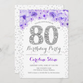 80th誕生日パーティー – ホワイトシルバーパープル 招待状 (正面/裏面)