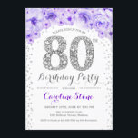80th誕生日パーティー – ホワイトシルバーパープル 招待状<br><div class="desc">80thバースデーパーティー招エレガント待デザインでフェイクグリッター銀、紫と白。フローラスタイリッシュへのダイヤモンドとバラの招待グラムお祝い。さらにカスタマイズするもし必要がある場合はメッセージを表示する。</div>