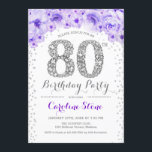 80th誕生日パーティー – ホワイトシルバーパープル 招待状<br><div class="desc">80thバースデーパーティー招エレガント待デザインでフェイクグリッター銀、紫と白。フローラスタイリッシュへのダイヤモンドとバラの招待グラムお祝い。さらにカスタマイズするもし必要がある場合はメッセージを表示する。</div>