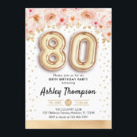 80th誕生日パーティー – 金ゴールドバルーン 招待状<br><div class="desc">80th誕生日パーティーの招待。エレガントデザインのグリッターフェイク金ゴールドとフローラアクセント。招待状カードと金ゴールド番号80バルーン、スクリプトフォントと紙吹雪。赤面コーラルピンク、白。80日のスタイリッシュお祝い。メッセージもしメッセージはカスタム年齢。</div>