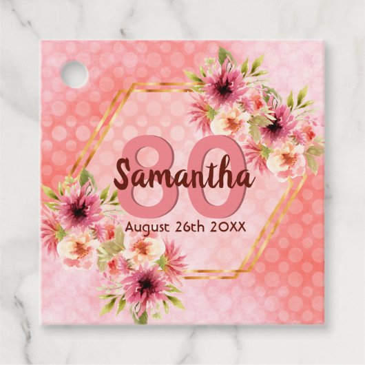 80th誕生日パーティーcoral金ゴールド花ありがとう フェイバータグ (正面)